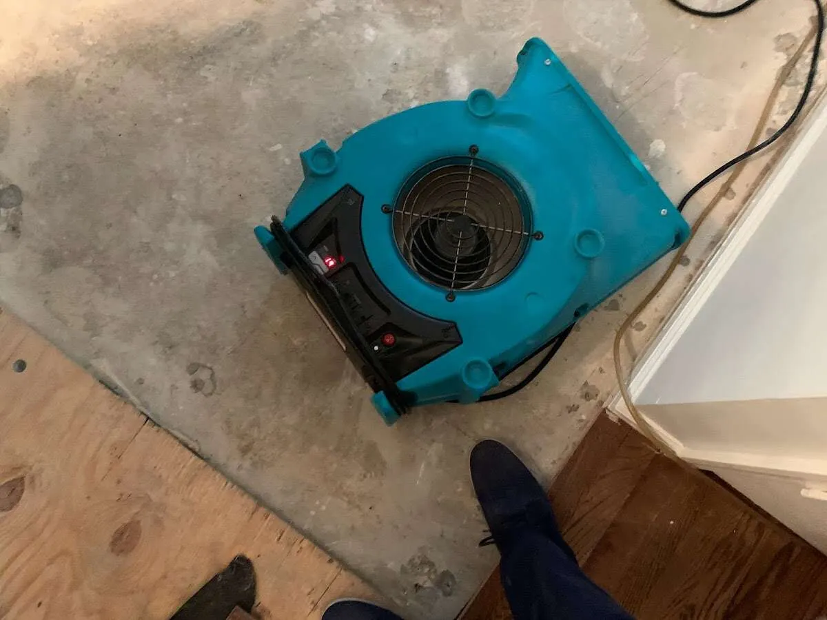 Air mover drying subfloor during Leak Detection & Repair in Springtown